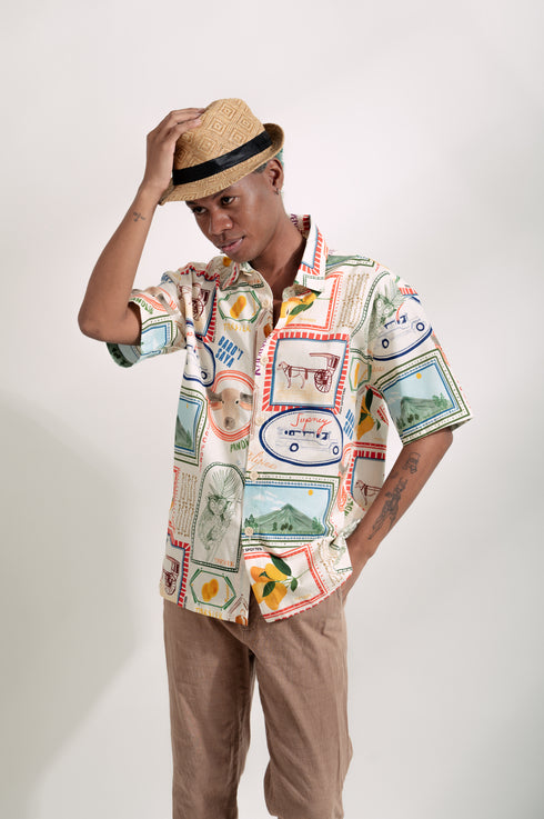 EMGEE by Get Spotted:Beni Buttondown in Pamana Postmark Fabric for KIDS
