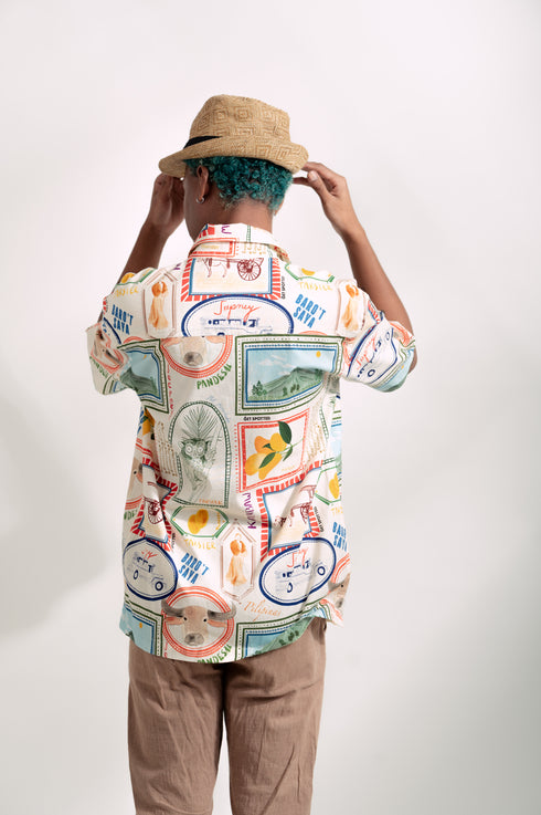EMGEE by Get Spotted:Beni Buttondown in Pamana Postmark Fabric for KIDS