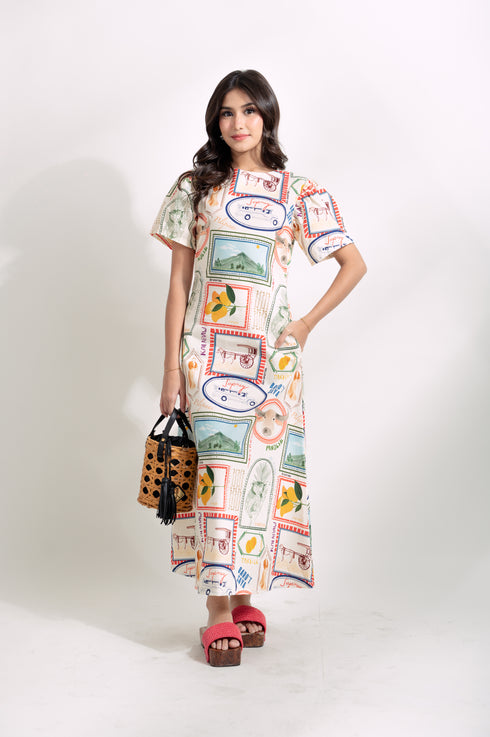 EMGEE by Get Spotted: Katrina Maxi Dress in Pamana Postmark Fabric