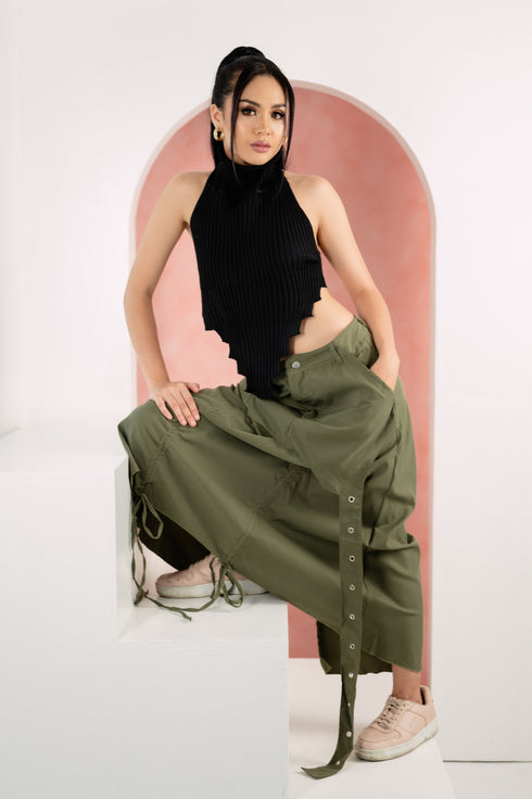 GS Gen Z: Army Green Draawstring Cargo Maxi Skirt