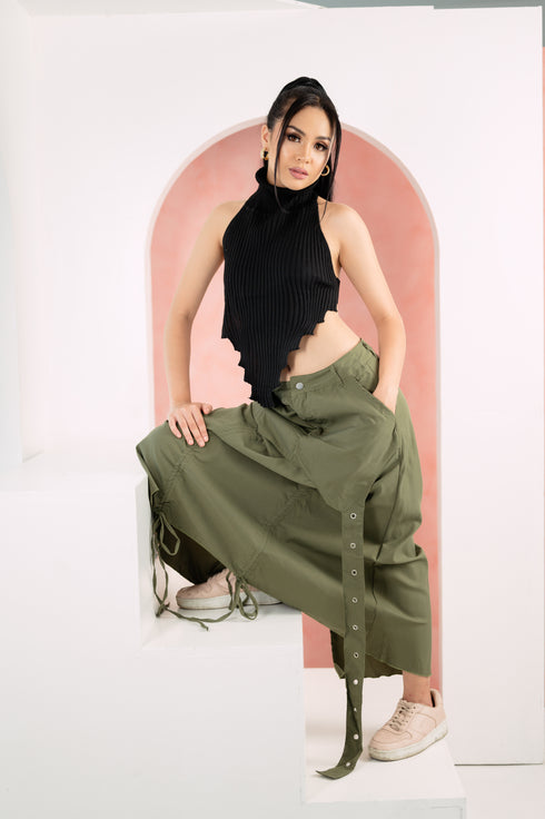 GS Gen Z: Army Green Draawstring Cargo Maxi Skirt