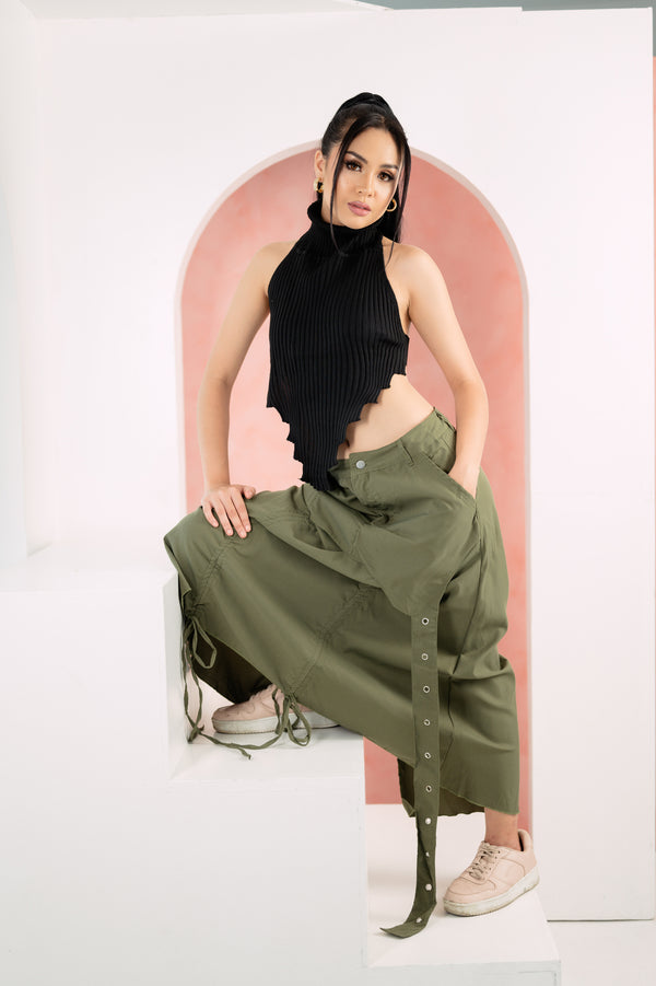 GS Gen Z: Army Green Draawstring Cargo Maxi Skirt