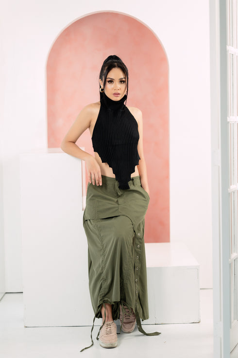GS Gen Z: Army Green Draawstring Cargo Maxi Skirt