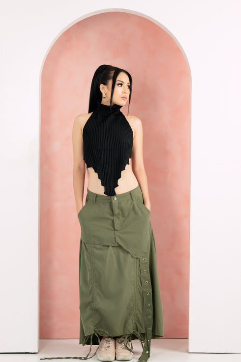 GS Gen Z: Army Green Draawstring Cargo Maxi Skirt