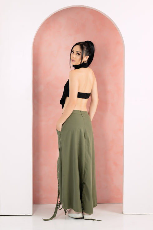 GS Gen Z: Army Green Draawstring Cargo Maxi Skirt