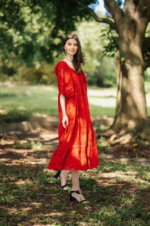 GET SPOTTED SHOP STOCKS Jenny Red: Odette Maxi Tiered Dress
