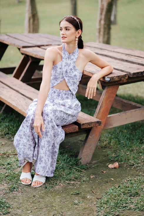 GET SPOTTED SHOP STOCKS Jenny Blue Porcelain: Dana Halter Loose Floral Jumpsuit