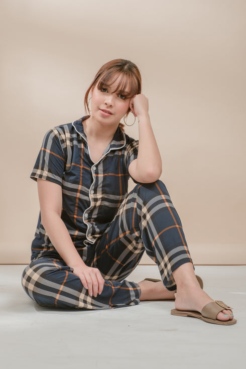 Plaid in Dark Blue Cotton Pyjama