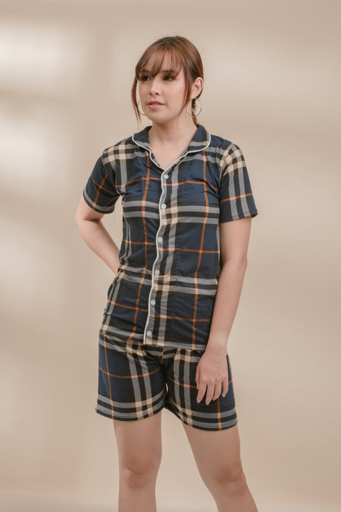 Plaid in Dark Blue Cotton Pyjama