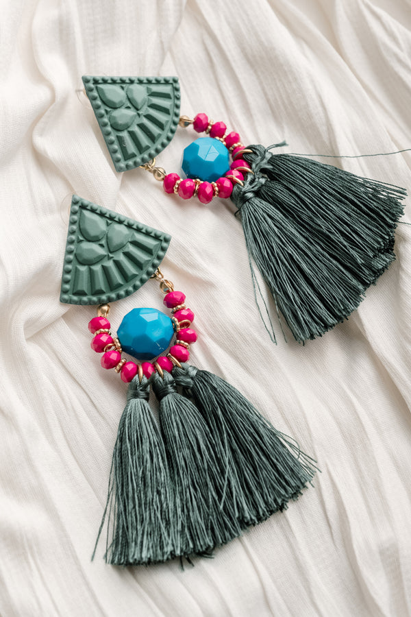 Never Too Much Tassel Earrings in Green