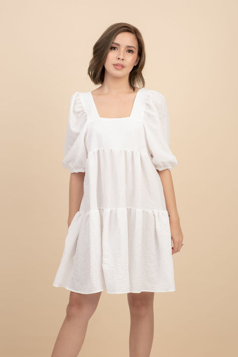 Kattie White Babydoll Dress Textured Fabric