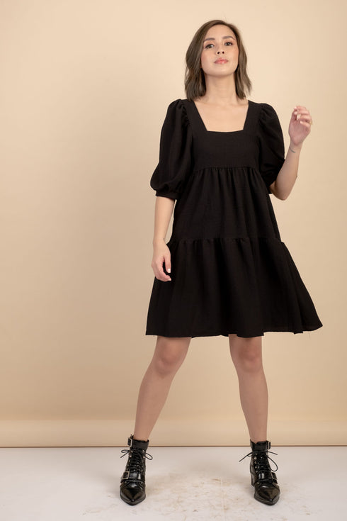 Kattie Black Babydoll Dress Textured Fabric