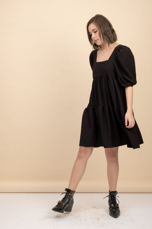 Kattie Black Babydoll Dress Textured Fabric