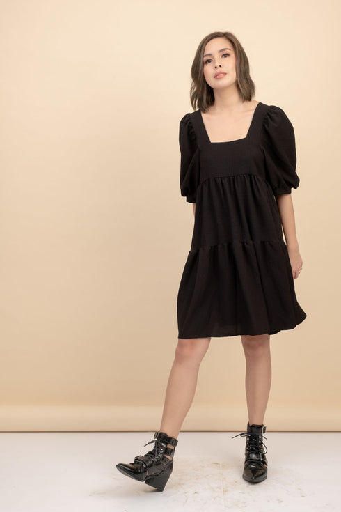 Kattie Black Babydoll Dress Textured Fabric