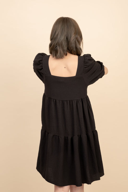 Kattie Black Babydoll Dress Textured Fabric