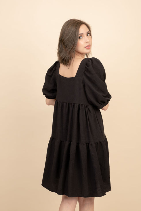 Kattie Black Babydoll Dress Textured Fabric