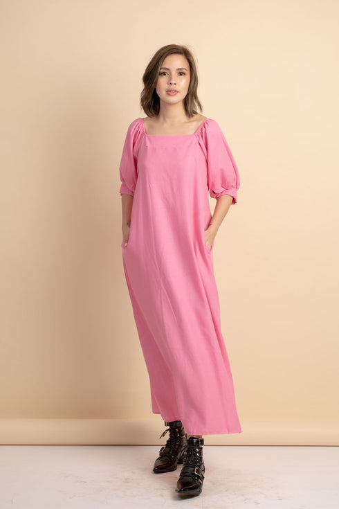 Carrie Pink Linen Maxi Dress
