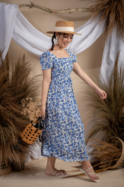 Maxwell Blue Floral Sexy Backless Dress