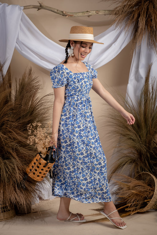 Maxwell Blue Floral Sexy Backless Dress