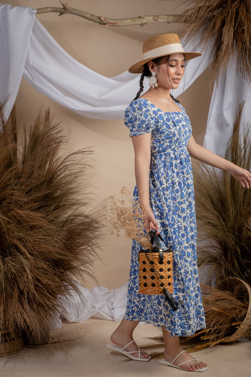 Maxwell Blue Floral Sexy Backless Dress