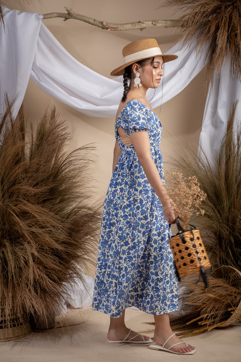 Maxwell Blue Floral Sexy Backless Dress