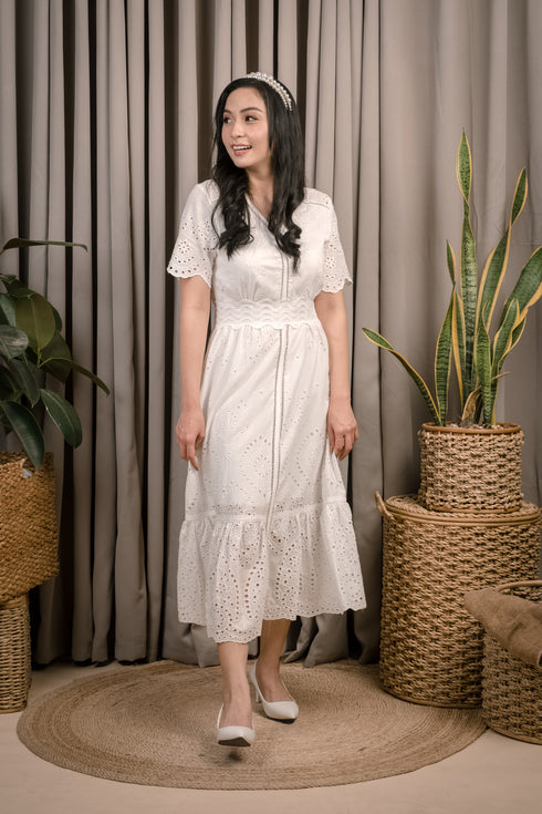 Maisie Vneck White Eyelet Dress