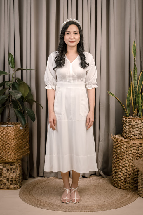 Mollie Vneck White Midi Dress w/ Bubble Sleeves