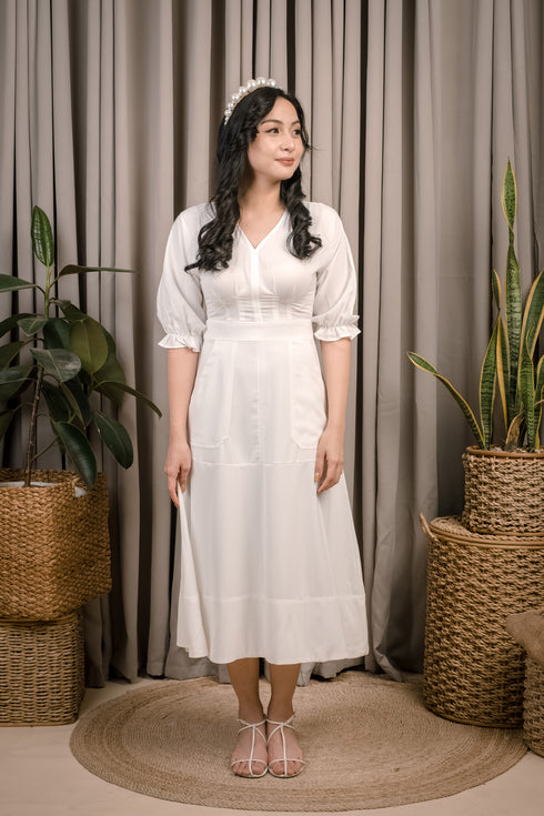 Mollie Vneck White Midi Dress w/ Bubble Sleeves