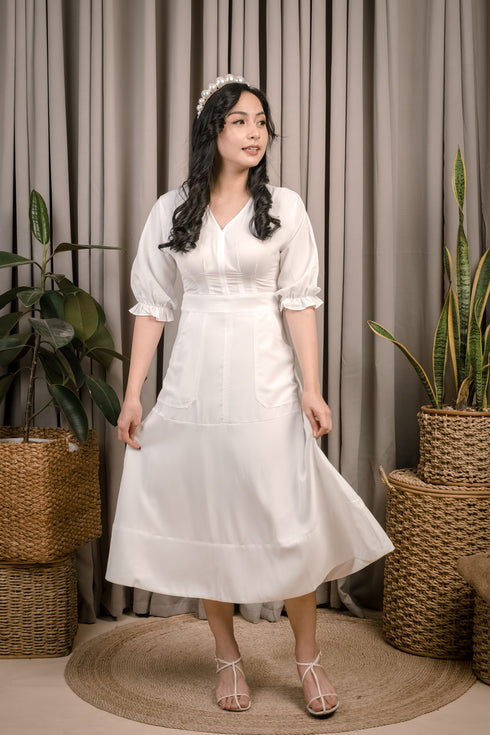 Mollie Vneck White Midi Dress w/ Bubble Sleeves