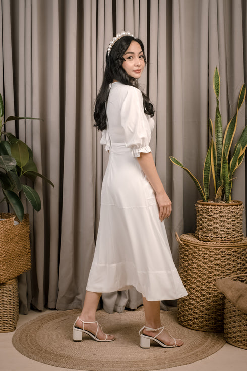 Mollie Vneck White Midi Dress w/ Bubble Sleeves