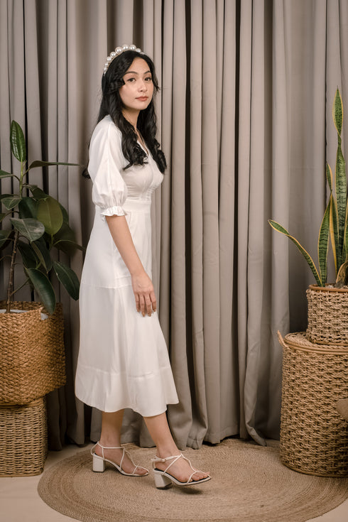 Mollie Vneck White Midi Dress w/ Bubble Sleeves