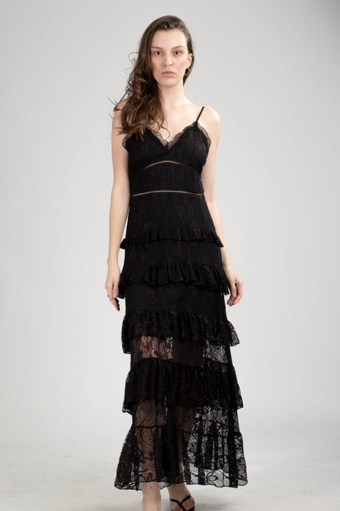 Holiday 14 Black Spaghetti Starp Maxi Lace Dress