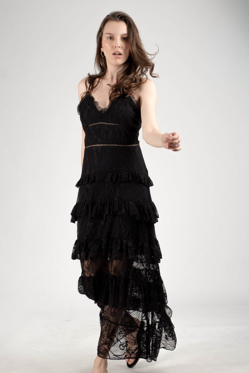 Holiday 14 Black Spaghetti Starp Maxi Lace Dress
